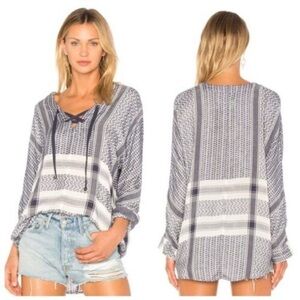 RAILS Lily Sapphire Jacquard Top Blue White Lace Up Long Sleeve Sz XS